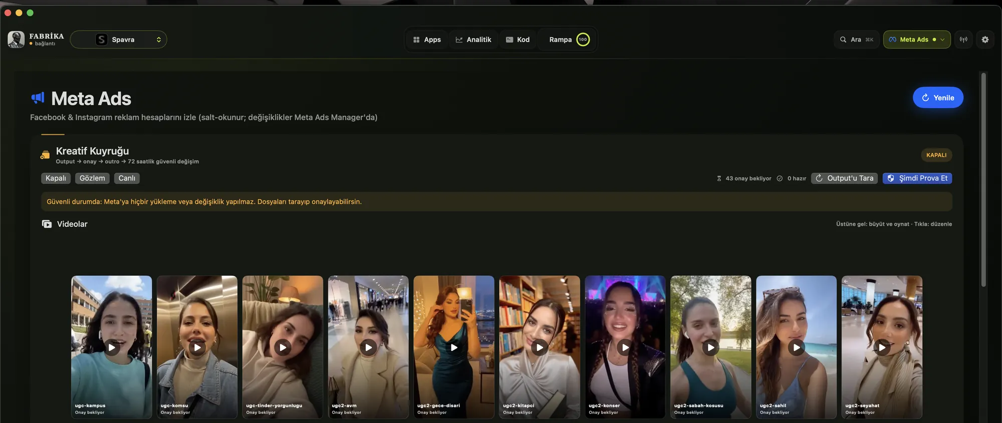 Meta Ads creative queue with short video ads waiting for approval.