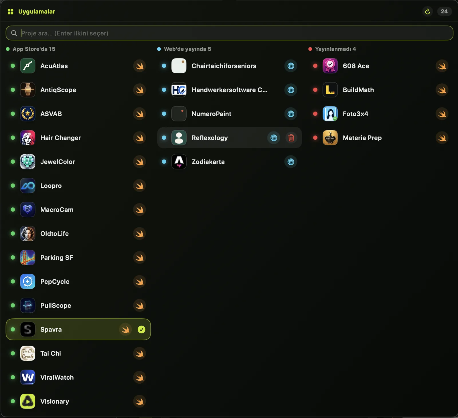FabrikaStudio project switcher listing 15 apps on the App Store, 5 web products and 4 apps in preparation.